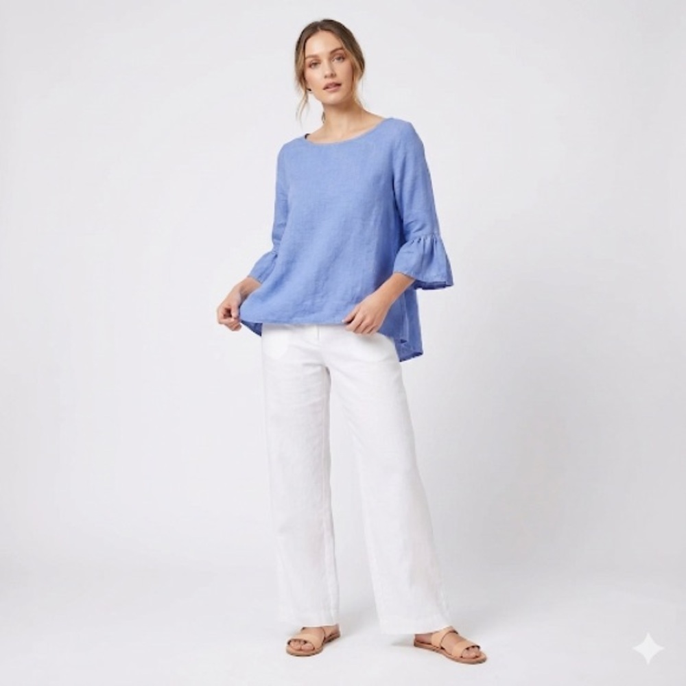 Bryn Walker Linen Top Relaxed Fit Everyday Blouse Blue XS